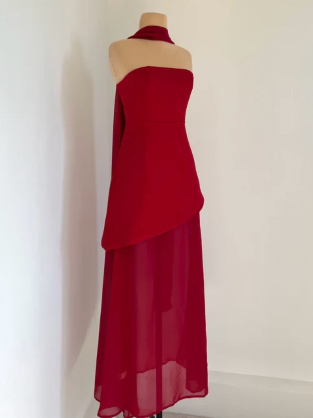 SHEIN Red Strapless Maxi Dress with Draped Scarf